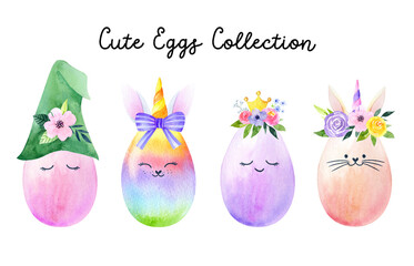 Watercolor set of Easter eggs. Cute kawaii Easter eggs isolated on white background. Unicorn, floral character design. Bunny ears illustration