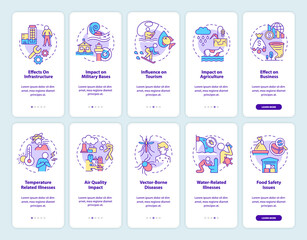 Climate change onboarding mobile app screen set. Global warming walkthrough 5 steps graphic instructions pages with linear concepts. UI, UX, GUI template. Myriad Pro-Bold, Regular fonts used
