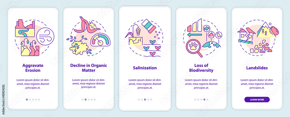Aufkleber climate change impact on environment onboarding mobile app screen. walkthrough 5 steps graphic instr