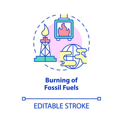Burning of fossil fuels concept icon. Reasons for climate change abstract idea thin line illustration. Isolated outline drawing. Editable stroke. Roboto-Medium, Myriad Pro-Bold fonts used