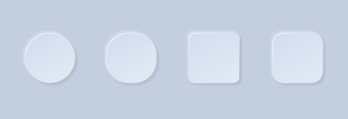 3D blue vector button collection in neumorphic design. Circle and square geometric shape web elements on white background with soft shadows. Modern minimalist app icons. Vector illustration