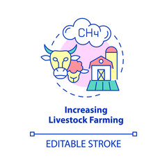 Increasing livestock farming concept icon. Reasons for climate change abstract idea thin line illustration. Isolated outline drawing. Editable stroke. Roboto-Medium, Myriad Pro-Bold fonts used