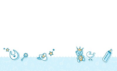 Baby Shower Background. Baby Arrival Cartoon Vector Illustration with Copy Space, baby icons and pattern. It is a boy.