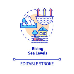 Rising sea levels concept icon. Effects of climate change abstract idea thin line illustration. Isolated outline drawing. Editable stroke. Roboto-Medium, Myriad Pro-Bold fonts used