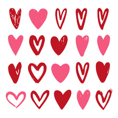 Set of hand drawn pink and red hearts on white background. Vector illustration. - 481824829