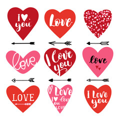 Hearts for Valentine's day. Handwritten lettering. Hand drawn arrows. Vector illustration.