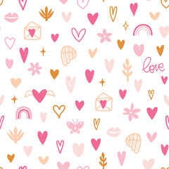Seamless pattern with hearts, flowers, wings, rainbow. Valentine's day vector background. - 481824833