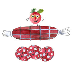 Watercolor illustration of sausage salami