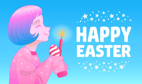 Happy Easter. Greeting card. Young beautiful girl with Easter cake and pink burning candle. Vector holiday web banner with "happy easter" title.