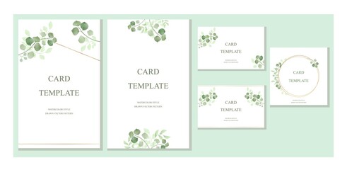 Green leaves on branches with greenery and golden lines. Watercolor. A set of cards and wedding invitations, cover, rsvp, page, postcard. Vector.