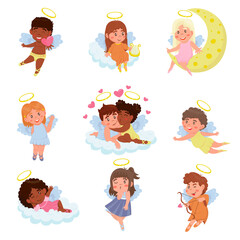 Funny kids cupids with wings characters, boys and girls with romantic arrows, trumpet and bows, blonde heaven angelic children on clouds different poses. Collection of cute children angels 