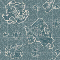 Decorative seamless pattern with hand-drawn islands, old ships and sea waves on a grey backdrop. Monochrome vector background in retro style. Chalk drawing. Wallpaper, wrapping paper or fabric design