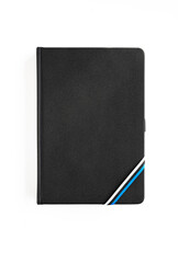 Black notebook with a ribbon in the colors of the Estonian tricolor, isolated