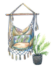 hammock potted plant watercolor isolated art wicker cotton natural eco friendly palm tree tassels chair swing rest beach vacation relaxed