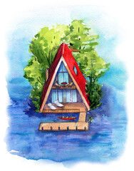 house watercolor roof water jetty trees island isolation outdoor recreation hotel country house cute isolated summer deck chair