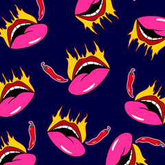 Flaming lips pattern. Hot chili peppers. Cartoon design. Blue background. Modern cover. Vector stock illustration. Flame. Isolated.