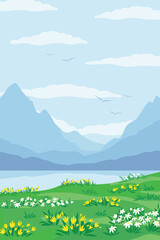 Paysage avec silhouettes bleues de montagnes, colline avec plantes à fleurs, ciel avec nuages et lac. Concept de tourisme local, voyage et aventure, nature sauvage, randonnée, vacances. Illustration vectorielle plate