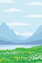 Gordijnen Landschap met blauwe silhouetten van bergen, heuvel met bloeiende planten, lucht met wolken en meer. Lokaal toerismeconcept, reizen en avontuur, wilde natuur, wandeltocht, vakantie. Platte vector illustr © Tatiana Bass
