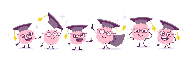 Vector creative illustration of group of happy pink brain character with graduation cap on white color background. Flat doodle style knowledge concept design of team of different happy brain character