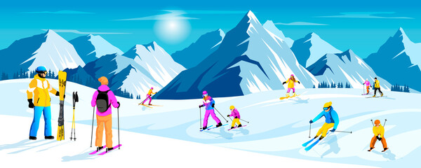 Landscape of people skiing, snowboarding in mountains nature, resort. Skiers on snowy mountain slope in Alps. Outdoor winter sports activities. Skier riding on snow, child on ski. Vector illustration
