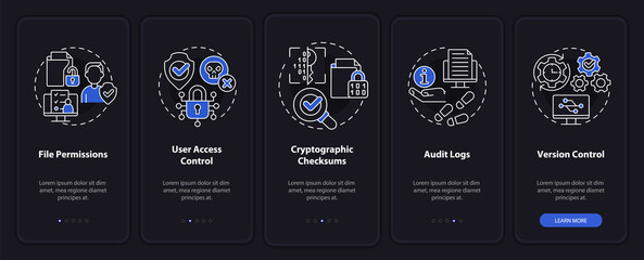 Integrity night mode onboarding mobile app screen. Sensitive data walkthrough 5 steps graphic instructions pages with linear concepts. UI, UX, GUI template. Myriad Pro-Bold, Regular fonts used