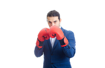 Businessman with red boxing gloves stands in fighting position. Portrait of determined business...