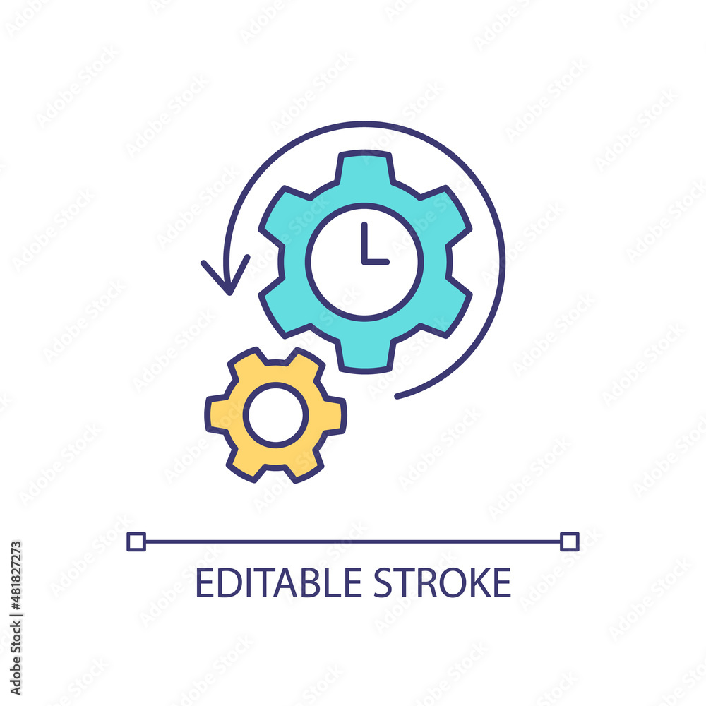 Poster System update time RGB color icon. Control of equipment work. Cogwheels with clockface. Checkup and repair. Isolated vector illustration. Simple filled line drawing. Editable stroke. Arial font used