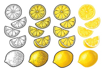 Lemon slice and whole. Vector color vintage engraving and flat