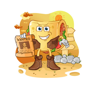 taco cowboy with wanted paper. cartoon mascot vector