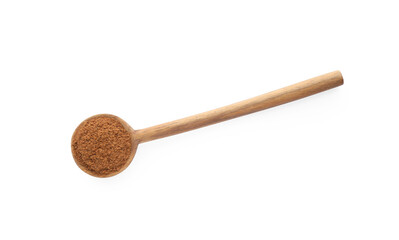 Wooden spoon with nutmeg powder on white background, top view