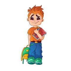 Character design boy schoolboy with books and backpack