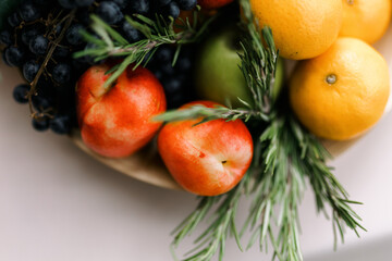 Nectarines on hay in a box. Fresh fruit in a wooden box.  Free space for your text.