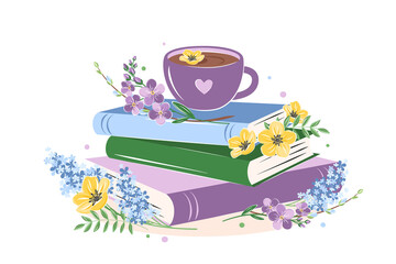 Books, cup coffee or tea with spring bright flowers on white background.  Design for spring greeting card. Vector illustration - obrazy, fototapety, plakaty