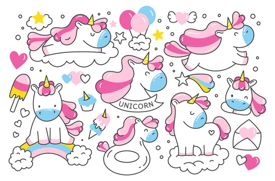 A set of children's illustrations, stickers with unicorns in the style of doodle, cartoon. Isolated on a white background. Cute hearts,ice cream,rainbow,frame. Horses. 
