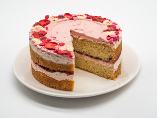 Valentine's day cake with cut strawberry, white background