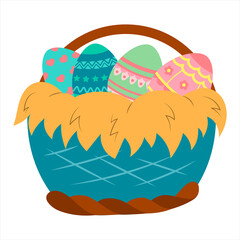 easter basket with colored eggs, vector isolated on a white background