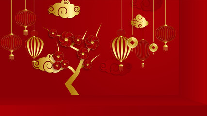 Fototapeta na wymiar Red and gold papercut chinese background template. Chinese china universal red and gold background with lantern, flower, tree, symbol, and pattern.