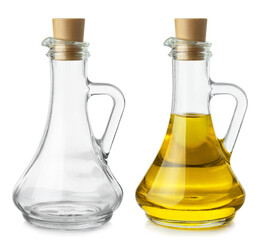 Empty bottle and bottle with oil, isolated on white background