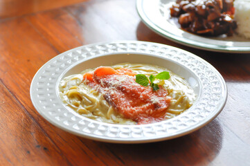 salmon spaghetti or smoked salmon spaghetti, smoked salmon pasta.