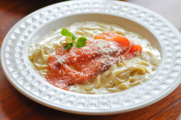salmon spaghetti or smoked salmon spaghetti, smoked salmon pasta.