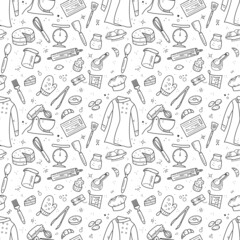 Seamless pattern with doodle baking and cooking elements. Chef uniform, cake, stand mixer, kitchen utensils. Hand drawn black vector illustration for fabric, wallpaper, recipe design