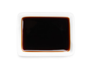 Bowl of tasty soy sauce isolated on white, top view