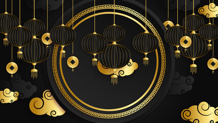 Black and gold chinese china background with lantern, lamp, border, frame, pattern, symbol, cloud, rigid fixed fan and flower.