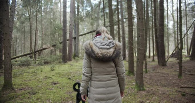 SLOW MOTION: Woman starts her walk in the woods with her dog