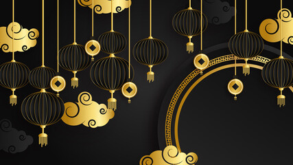 Black and gold chinese china background with lantern, lamp, border, frame, pattern, symbol, cloud, rigid fixed fan and flower.