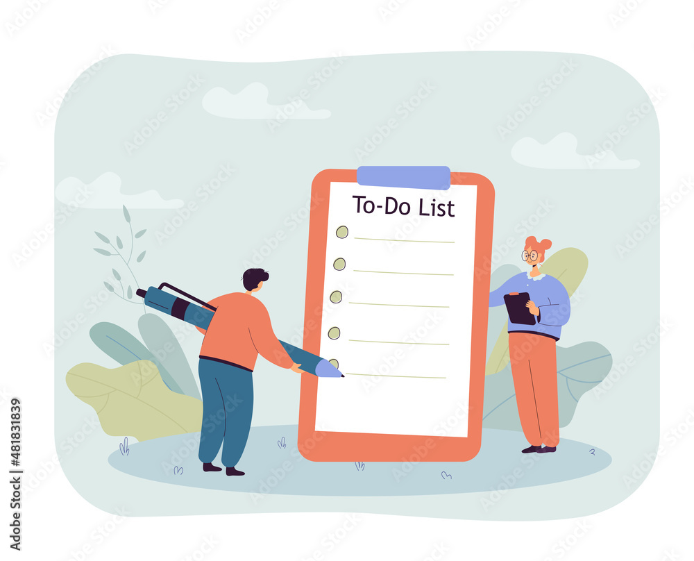 Poster office worker standing in front of big clipboard with to do list. man with huge pen and blank checkl