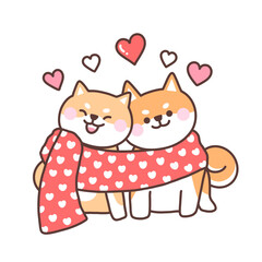 Draw vector illustration character design couple of shiba inu dog with little heart for valentines day.Love concept doodle cartoon style.