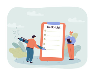 Office worker standing in front of big clipboard with to do list. Man with huge pen and blank checklist flat vector illustration. Time management, organization concept for banner or website design