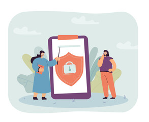 Teacher showing tablet with lock using pointer to thoughtful student. Cyber security and information protection flat vector illustration. Education concept for banner, website design, landing web page