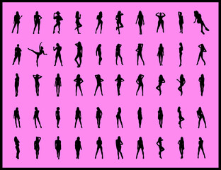 55 vector white silhouettes of beautiful different women on a black background. Great set for your design